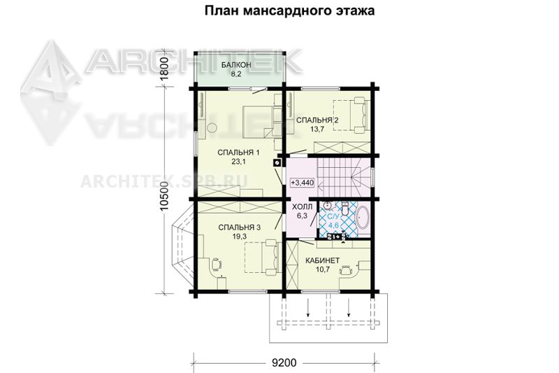 G-110-3D Проект дома из бруса с мансардным этажом и террасой