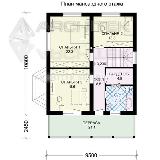G-115-1P Проект дома из пеноблоков с мансардой, эркером, балконом, террасой