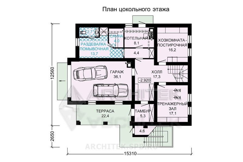 G-116-1D Проект дома из бруса с цокольным этажом, мансардой, гаражом, вторым светом, сауной, балконом, террасой 12х15