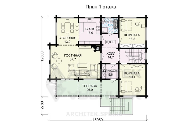 G-116-1D Проект дома из бруса с цокольным этажом, мансардой, гаражом, вторым светом, сауной, балконом, террасой 12х15