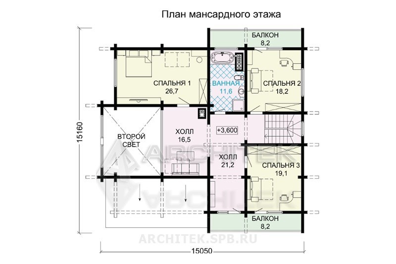G-116-1D Проект дома из бруса с цокольным этажом, мансардой, гаражом, вторым светом, сауной, балконом, террасой 12х15