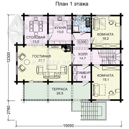 G-116-D Проект деревянного дома из бруса с цокольным и мансардным этажом, гаражом, сауной, балконом, террасой