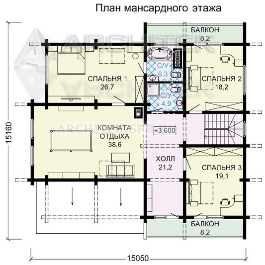 G-116-D Проект деревянного дома из бруса с цокольным и мансардным этажом, гаражом, сауной, балконом, террасой