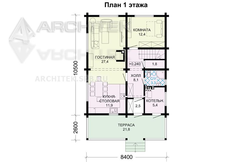 G-117-D Проект дома из бруса с мансардой и террасой