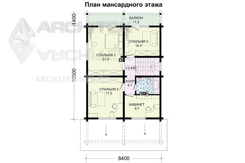 G-117-D Проект дома из бруса с мансардой и террасой