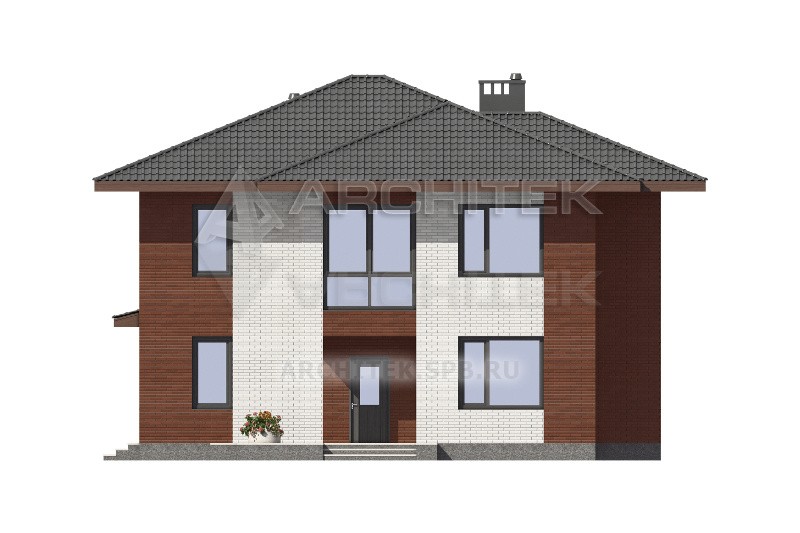 G-122-7P Проект современного дома из пеноблоков с эркером и террасой 12.8х14