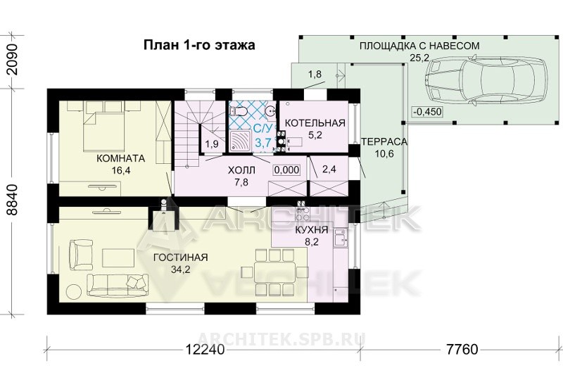 G-125-1P Проект дома из пеноблоков с гаражом-навесом, мансардой, террасой