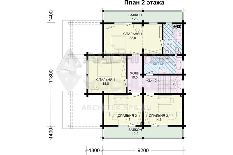 G-126-2D Проект дома из бруса с мансардой, террасой, эркером, балконом