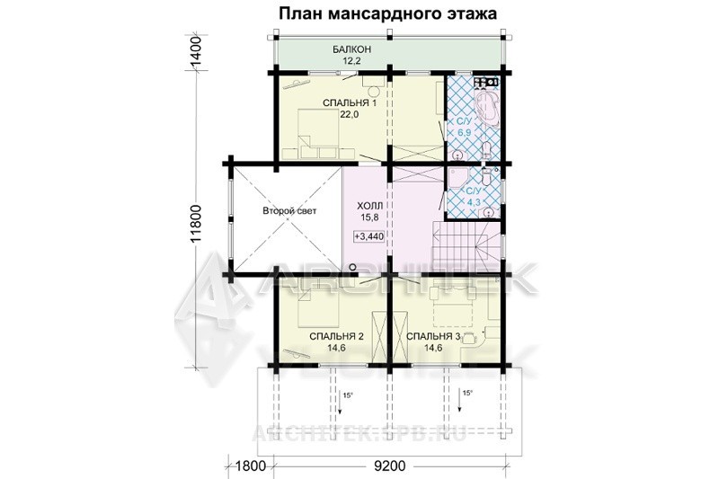 G-126-D Проект дома из бруса с мансардой, вторым светом, балконом, эркером, террасой