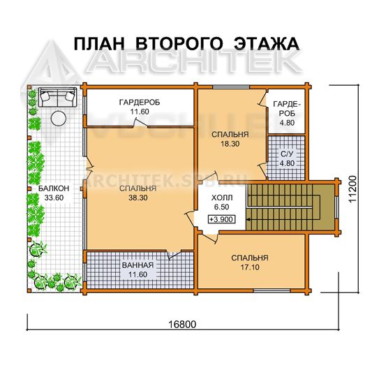 J-025-D проект деревянного коттеджа из бруса с террасой и балконом