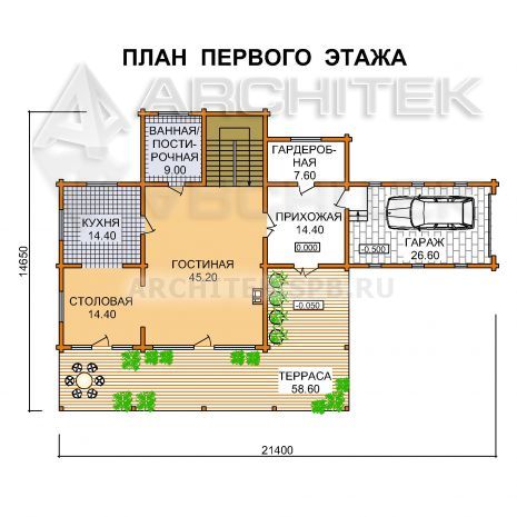 J-026-D проект деревянного дома из бруса с мансардой, гаражом, террасой, балконом