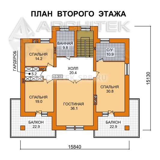 J-027-K проект дома из кирпича с большой террасой, балконом, сауной