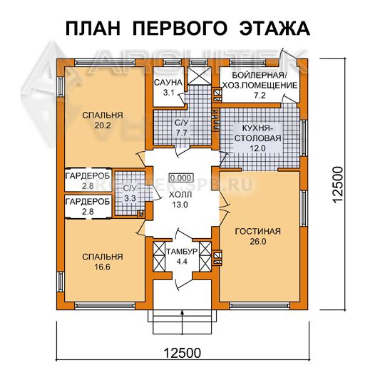 J-038-P проект простого маленького дома из пеноблоков с сауной 12.5×12.5