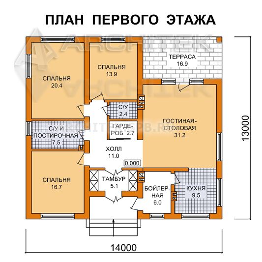 J-039-P проект одноэтажного дома эконом-класса из газобетона с террасой
