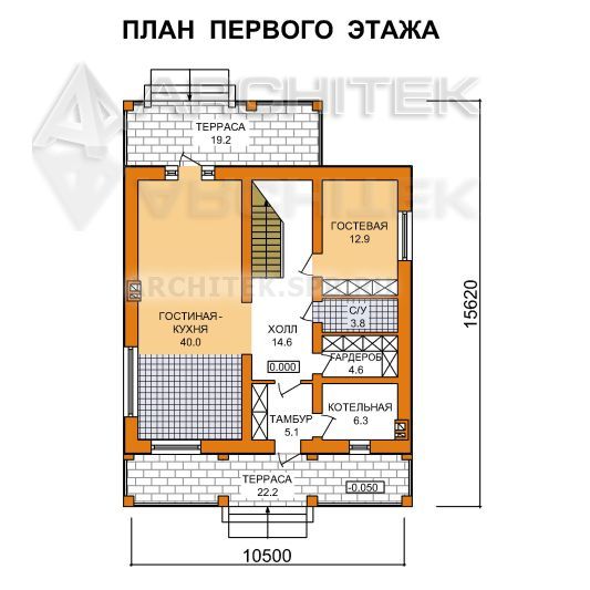 J-040-K проект кирпичного дома с эксплуатируемой кровлей, сауной, балконом, террасой