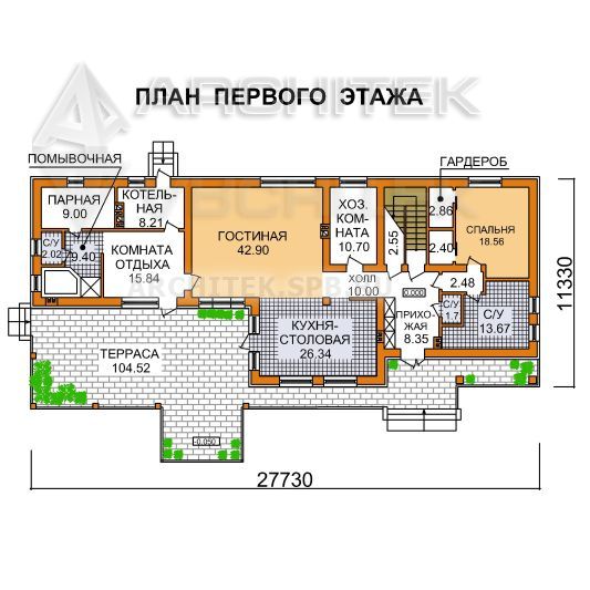 J-043-P проект дома из газобетона с террасой и сауной