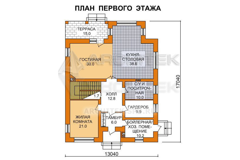 J-050-K проект двухэтажного кирпичного дома с террасой 13×17