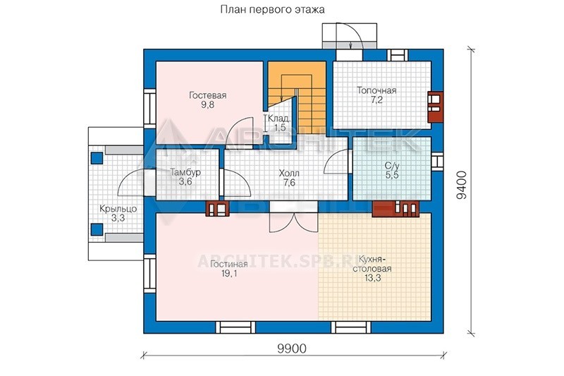PD-001-4P проект небольшого энергоэффективного дома из газобетона с сауной, балконом 9.4х9.9