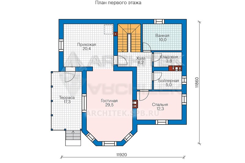 PD-002-3P проект дома из газобетона с мансардой, погребом, эркером, балконом, террасой 12х12