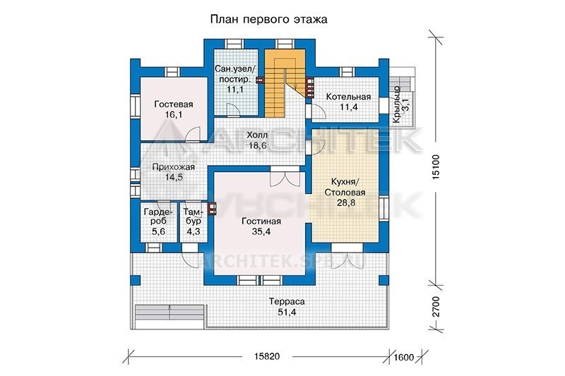 PD-006-P проект коттеджа из газобетона с террасой и сауной