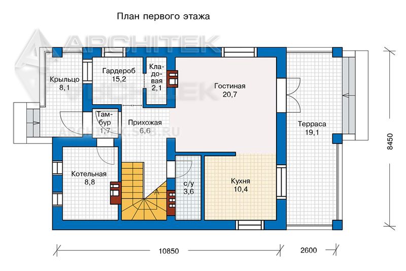PD-018-K проект небольшого кирпичного коттеджа с террасой и балконом
