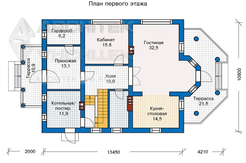 PD-026-P Проект коттеджа из газобетона эркером и террасой