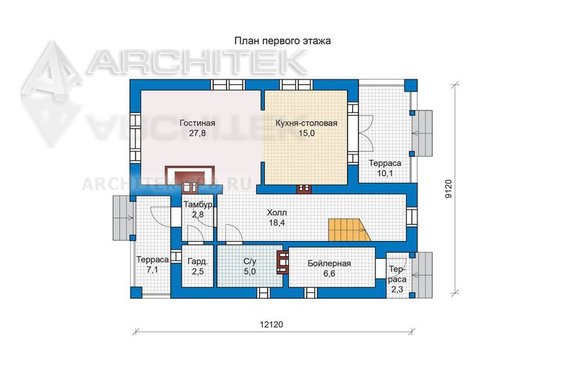 PD-030-1P Проект небольшого коттеджа из газобетона с террасой и балконом