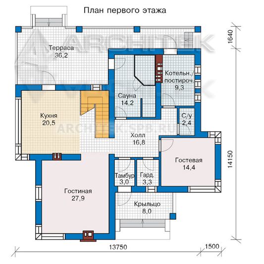 PD-032-P Проект дома из газобетона с террасой, сауной, вторым светом
