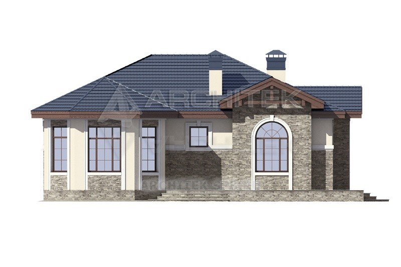 PD-285-P проект небольшого одноэтажного дома из газобетона с эркером, террасой 13х14