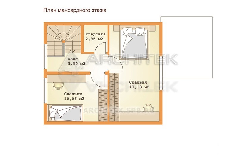 RL-009-F Проект маленького каркасного дома с мансардой, террасой 6х9.5