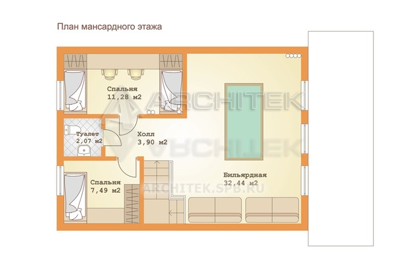 RL-018-F Проект каркасного дома с мансардой, сауной, террасой 6.85х9.5