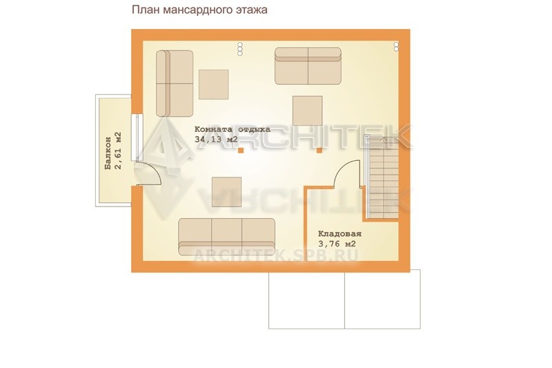 RL-052-KP Проект маленького простого дачного дома из керамзитобетона с мансардой, балконом 6.5х7.5