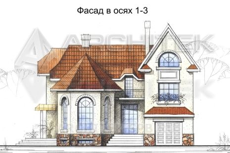 SM-001-K проект кирпичного дома с мансардой, гаражом, цокольным этажом, эркером, сауной
