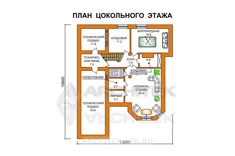 SM-002-K проект кирпичного дома с гаражом, мансардой, цокольным этажом, эркером, вторым светом, сауной, балконом