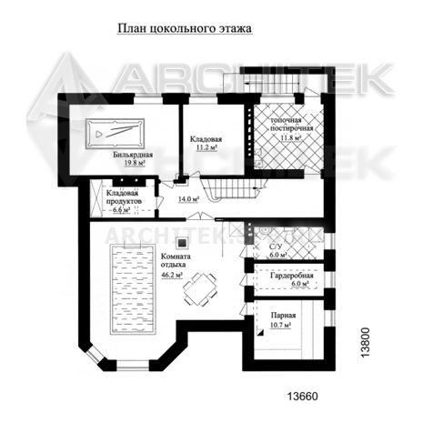 SM-003-K проект дома из кирпича с мансардным и цокольным этажом, эркером, вторым светом, бассейном, сауной