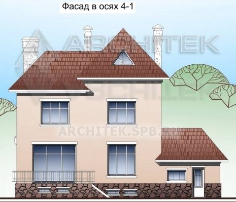 SM-008-K проект кирпичного дома с цокольным этажом, гаражом, эркером, террасой