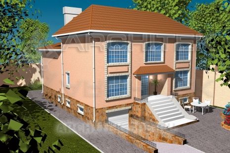SM-010-K проект дома из кирпича с цокольным этажом, гаражом, вторым светом