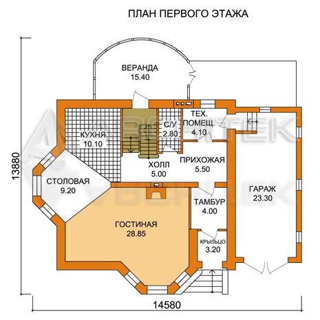T-001-P Проект дома из газобетона с мансардой, гаражом, верандой, эркером, балконом 13.9×14.6