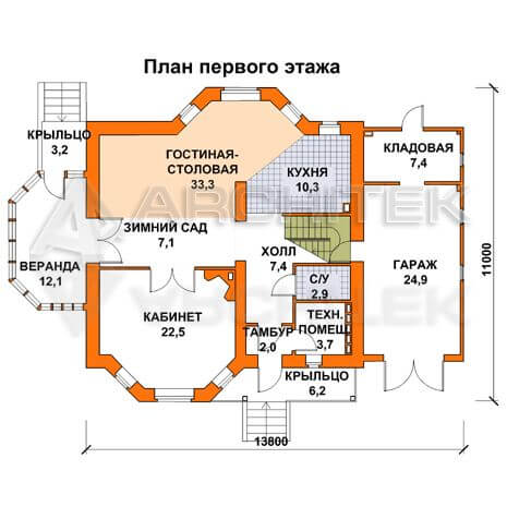 T-002-K Проект дома из кирпича с мансардой, гаражом, эркером, балконом, верандой, вторым светом 11×14