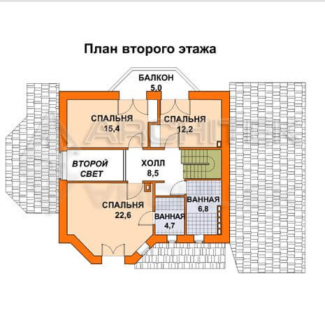 T-002-K Проект дома из кирпича с мансардой, гаражом, эркером, балконом, верандой, вторым светом 11×14