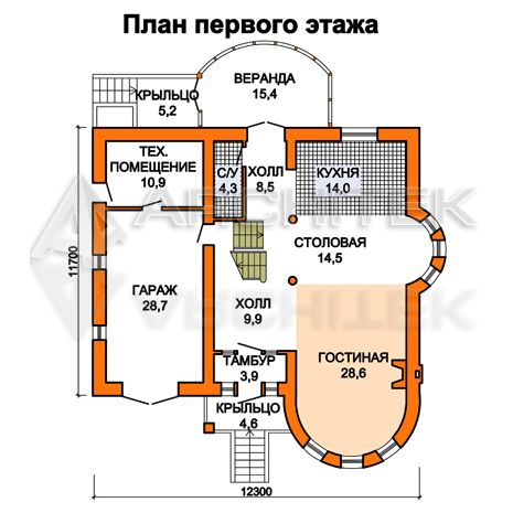 T-003-P Проект дома из газобетона с мансардой, гаражом, верандой, эркером, балконом, вторым светом 11.7×12.3