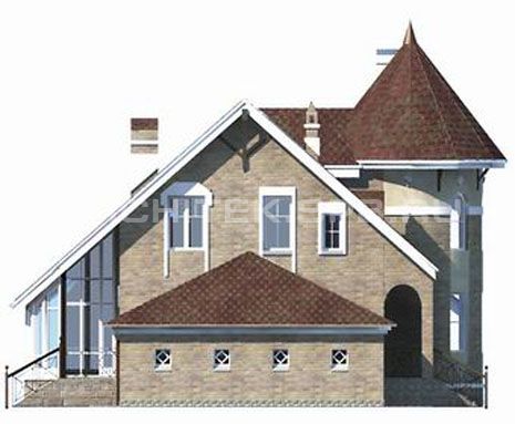 T-005-K Проект дома из кирпича с гаражом, мансардой, эркером, верандой