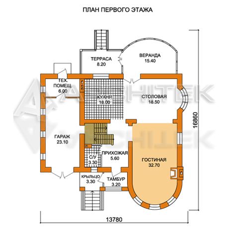 T-005-P Проект дома из пеноблоков с мансардой, гаражом, эркером, верандой