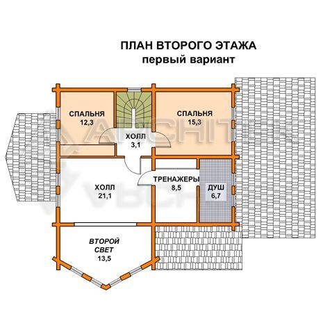 T-006-D Проект бревенчатого дома с мансардой, эркером, вторым светом