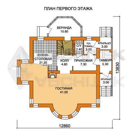 T-007-K Проект коттеджа из кирпича с мансардой, верандой, эркером 9×12.6