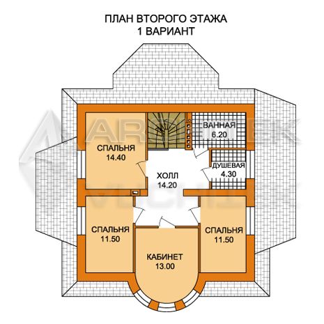T-007-K Проект коттеджа из кирпича с мансардой, верандой, эркером 9×12.6