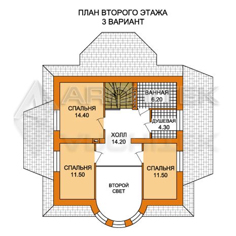 T-007-K Проект коттеджа из кирпича с мансардой, верандой, эркером 9×12.6