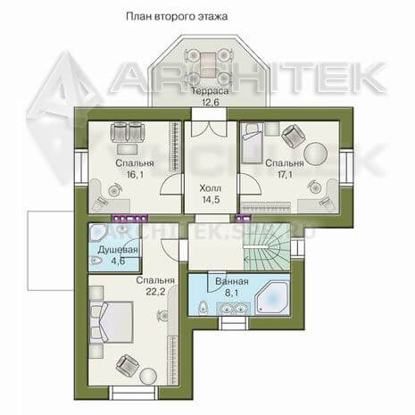 T-008-P Проект дома из пеноблоков с мансардой, эркером, балконом, верандой 10.8×11.4