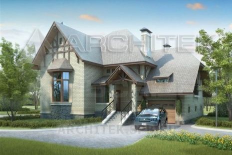 T-009-P Проект дома из газобетона с мансардой, гаражом, верандой, эркером, балконом