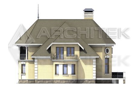 T-012-K Проект дома из кирпича с мансардой, балконом, эркером, вторым светом, террасой 14×16